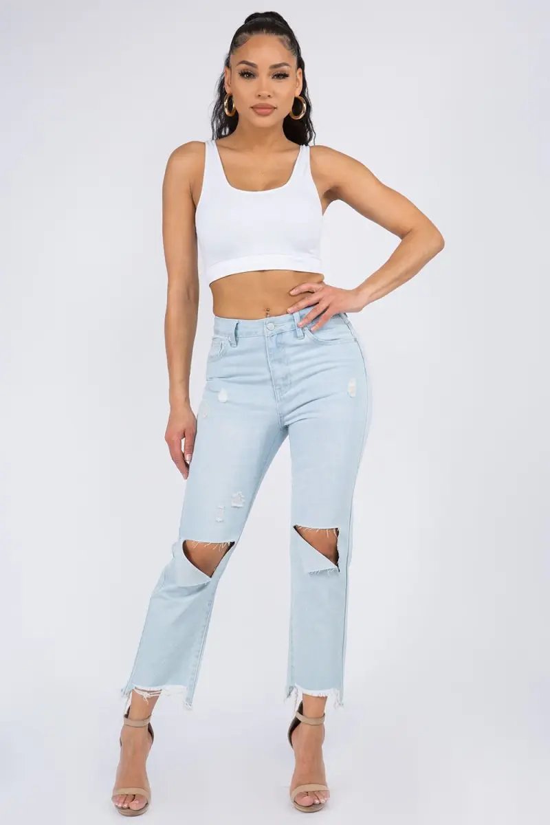 American Bazi High Waist Distressed Raw Hem Jeans for Women - Love Salve